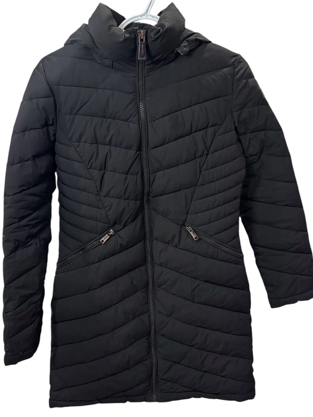 Calvin Klein Black Puffer Coat XS Water Resistant Hooded Infinite Stretch Chevro